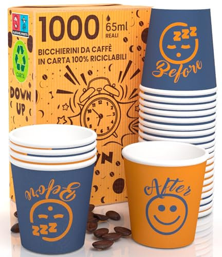 Eurocali 1000 Bicchierini in Carta per Caffè 65ml DownUpCUP Blue - Bicchieri Ecologici Biodegradabili Monouso Piccoli da Asporto Bevande Calde