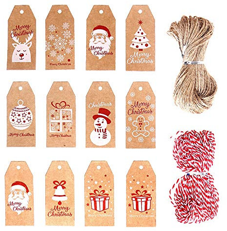 DERAYEE 100 Stück Weihnachten Geschenkanhänger(4x9cm) Kraftpapier Etiketten Anhänger mit Jute Schnur und Bindfaden 2 Rolle für Weihnacht Weihnachtsbaum Weihnachtsgeschenke Dekoration, Klein