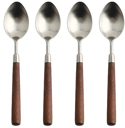 Ouliget Retro-Holzgriff-Löffel, Edelstahl-Servierlöffel, Holz-Esslöffel, silberfarbenes Besteck mit braunem Griff, 4 Stück.