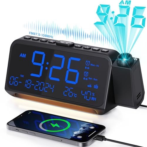 Radiowecker mit Projektion für Schlafzimmer, Typ C & USB-Anschluss, Dual-Wecker für Wochentag/Wochenende, Projektionswecker DST Dimmer & Temperatur & Datumsanzeige Digital Wecker für Nachttisch Büro