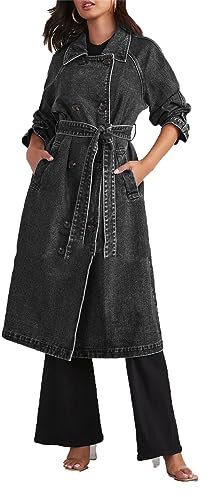 Giubbotti Trench in Denim da Donna Trench Lungo Jean Doppiopetto Abiti in Denim di Media Lunghezza con Cintura