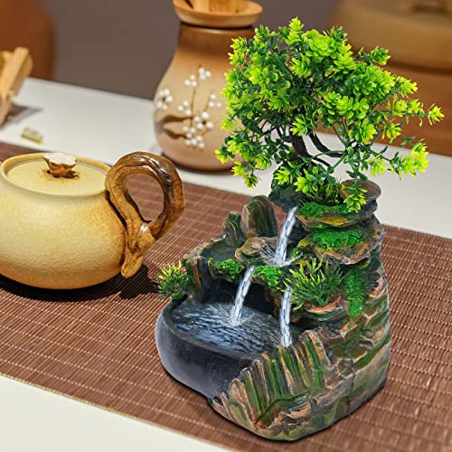 TRIEBAN Zimmerbrunnen mit Pflanzen ohne Beleuchtung, Wasserfall Pumpe Desktop Tischbrunnen Wasserspiel Dekor Aquarium Steingarten für Wohnzimmer, Schlafzimmer, Büro, Café