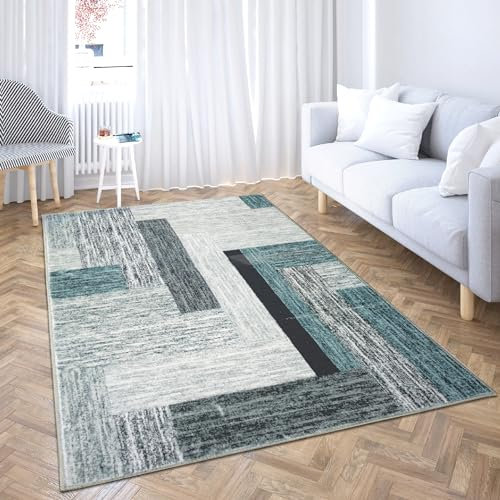 Comart, Shedir Tapis d'ameublement Doux à Poils Courts pour Salon, Chambre à Coucher, Design Moderne et élégant, décor Classique et Contemporain, imprimé, Gris et Bleu 133 x 200 cm