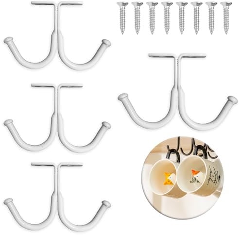 UBRAVE Tasse Rangement Crochets,Lot de 4 Crochets Sous Armoire en Métal, Tasses à Crochets sous Armoir, Mug Titulaire Pour Cuisine Salon Mugs, Verres à Bière,Ustensiles pour Cuisine,Tasse à café,Blanc