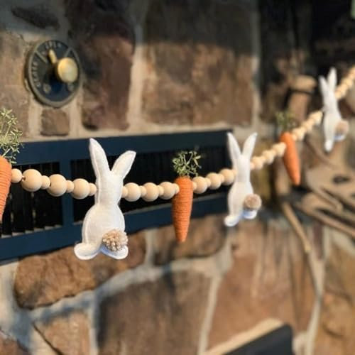 WHAPELQ Osterhasen-Girlande mit Holzperlen, künstliche Holzperlen, Osterdekorationen, Zuhause für Kaminsims, Tischtreppen, Baum, Ostern, Frühling, Heimdekorationen (Weiß Orange)