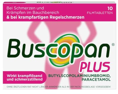 Buscopan plus 10 mg Butylscopolamin & 500 mg Paracetamol Filmtabletten bei Schmerzen und Krämpfen im Bauchbereich, 10 St. Tabletten