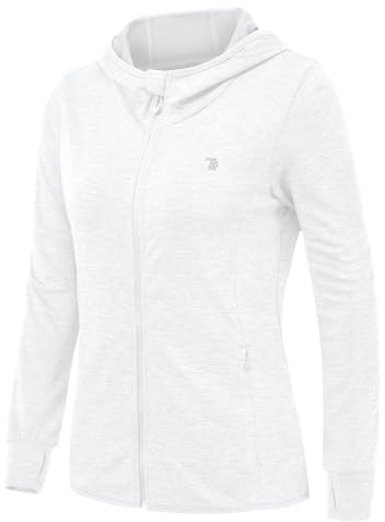 Rdruko Veste de course pour femme avec capuche UPF 50+ protection UV Hoodie entièrement zippée veste de sport légère à manches longues pour la course à pied, le yoga, le fitness, Blanc., L