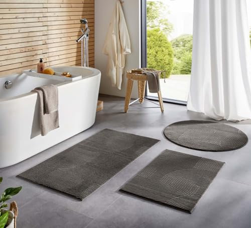 Taracarpet Badematte Homestyle rutschfest waschbar Badezimmerteppich Bad-Vorleger, WC Deko, Duschvorleger für Dusche und Badewannen sehr weich und als Set kombinierbar Anthrazit Wellen 050x080 cm