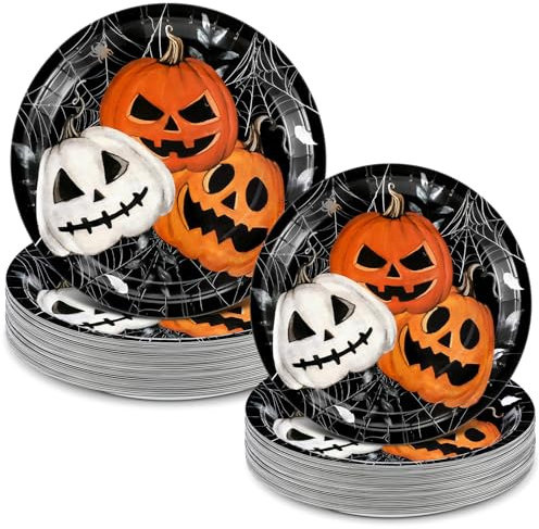 Teenyyou 60 Pieces Halloween Party Paper Plates Bulk 7 and 9 Pumpkins Spider Web Plates Disposable Halloween Party Dinner Plates Tableware Set Decorations for Halloween Spooky Party Supplies Favor