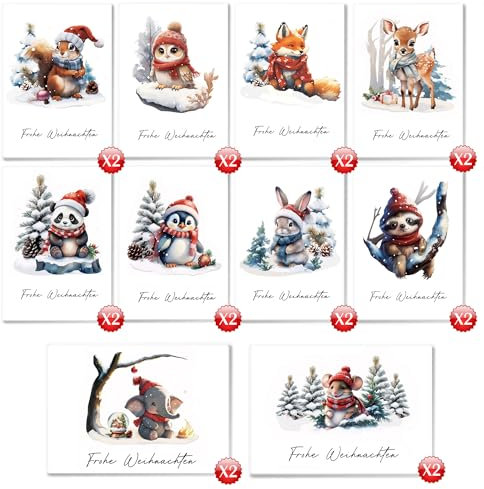 DMHSGIFT Weihnachtskarten mit Umschlag Set 20 Stück mit 10 Designs Waldtiere Weihnachtskarte A6 Klappkarten frohe Weihnachten Christmas Cards für die Familie, Freunde