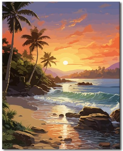 Landschaftsfarbe nach Zahlen Erwachsene Anfänger Sunset Ocean Wave DIY Erwachsene Farbe nach Zahl Kits auf Leinwand mit Pinseln und Acrylpigment ohne Rahmen Home Office Wanddekoration 16x20inch