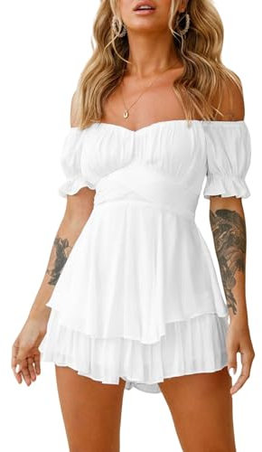 Felcia Women's Off Shoulder Mini Dress Puff Sleeve Ruffled A Line Dress Summer Casual Trendy Smocked Cute Beach Dress (A-White, S)