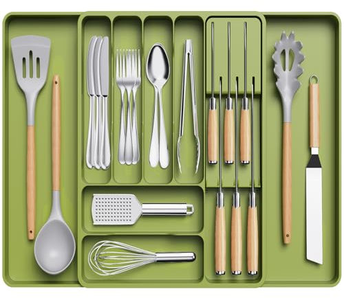 Lifewit Silverware Organizer for Kitchen Drawer, Expandable Utensil Tray with Removable Knife, Adjustable Cutlery Flatware Holder, Plastic Spoon Forks Holder Storage Divider, Large, Green