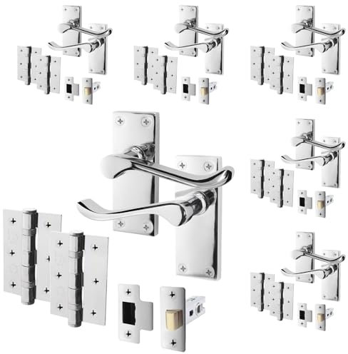 EAI Polished Chrome Victorian Scroll Door Handle Latch Set | 6 Pairs of Internal Lever Handles on Backplate with Hinges (76mm) & Latch (64mm)