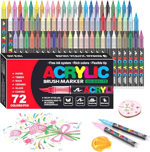 Gunsamg 72 Colours Acrylic Paint Marker Set – Water-Based Paint Pens with Flexible 1-5mm Brush Tip for Rock, Ceramic, Glass, Stone, Metal, Fabric Painting