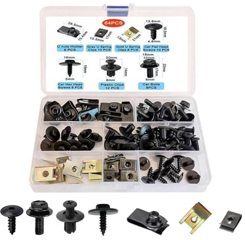 64er Pack Autoschrauben-Mutter-Clip-Satz, Karosserie-Unterbodenschutz-Schrauben, U-Typ Auto-Montageklammern, Metall-Kotflügel-Clip, Blechmuttern, Montageklammern, Kunststoff-Montage-Set
