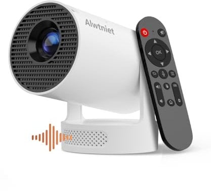 Alwtniet Mini Projektor, Mini Beamer 4K Unterstützt, Wi-Fi 6 und Bluetooth 5.4, 5W Lautsprecher, Automatischer Trapezkorrektur, 180° drehbar, tragbarer Projektor für Zuhause und draußen Android 11