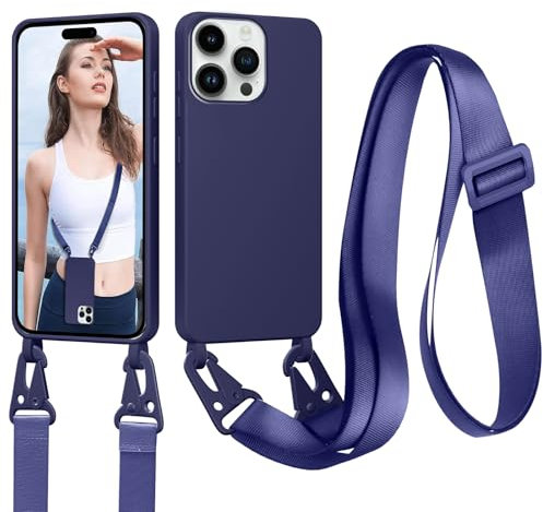 Woijrly Coque pour iPhone 16 Pro avec Cordon, Collier pour Étui en Silicone Liquide avec Portable Sangle Réglable Bandouilière Lanyard Colliers Lanière, Housse TPU Anti-Choc Case, Bleu