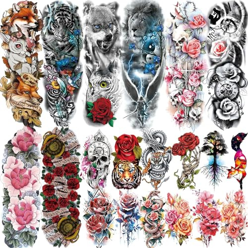 20 Sheets Sexy Rose Flower Full Arm Temporary Tattoos For Women Girl, Large Peony Lotus Florals Wolf Lion Tiger Fox Skull Fake Sleeve Tattoos For Adults, Watercolor Temp Skull Halloween Tattoo Sticker