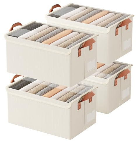 AARAINBOW Closet Clothes Storage Bins with Lids, 4 Pcs Fabric Storage Boxes with Steel Frame, Wardrobe Boxes Stackable Foldable Closet Container for Organizing Clothes Toys, 23L (B 4 White with Lid)