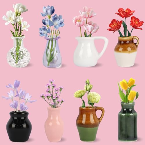 ZOYVUX Cute Ceramic Mini Vase Magnets for Fridge, Funny Magnets, 8 Pack | Tiny Plant Vases with Faux Flowers, Whimsical Magnetic Refrigerator Decor, For Kitchen, Locker, Office, Gift