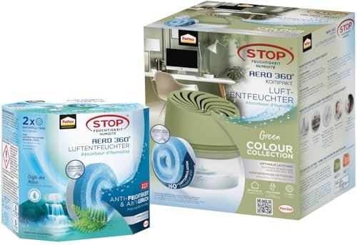 Pattex AERO 360° Kompakt Luftentfeuchter Green Colour Collection, 1 Gerät inkl. 1 Nachfülltab & Nachfüll Tabs Frischer Wasserfall, geruchsneutralisierend, Nachfüllpack (3+1 x 450g)
