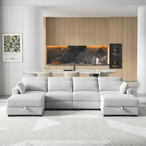 Mutuolux 4-Sitzer U-förmiges Sofa mit Aufbewahrungshocker – Cord Ecksofa Modulsofa mit Ottomane – Weiches Wohnlandschaft Sofa für Wohnzimmer, Familie, Gästezimmer – Modern & Bequem (Grau)