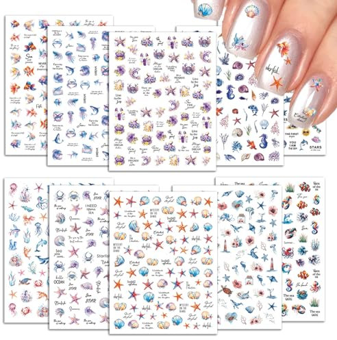 BSITSSS 10 Blätter Nagelsticker Sommer, Meerestiere Nail Sticker, Nagel Sticker Nagelaufkleber für Sommer Frühling Nageldesign Nail Art Zubehör DIY Dekorationen