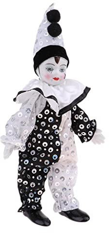 jojomis 22,9 cm große Clown-Puppe – handbemalte Harlekin-Puppe, sitzende und stehende Display-Dekoration, Valentinstagsgeschenk