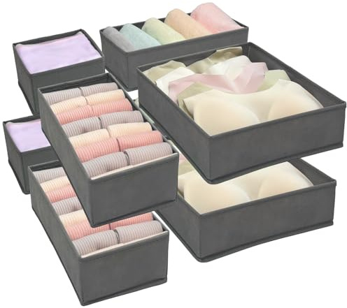 QINGGENG 8Pack Drawer Organiser Foldable, Grey Fabric Drawer Dividers, Wardrobe Storage Organiser for Drawers, Closet, Stackable Cloth Storage Box for Underwear, Bras, Socks, Ties, Towels, Shirts