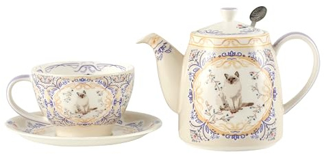 London Pottery Bone China Teapot Set, Teapot and Server Set for One, Animal Pattern Teapot Cup and Saucer Set (Cat)