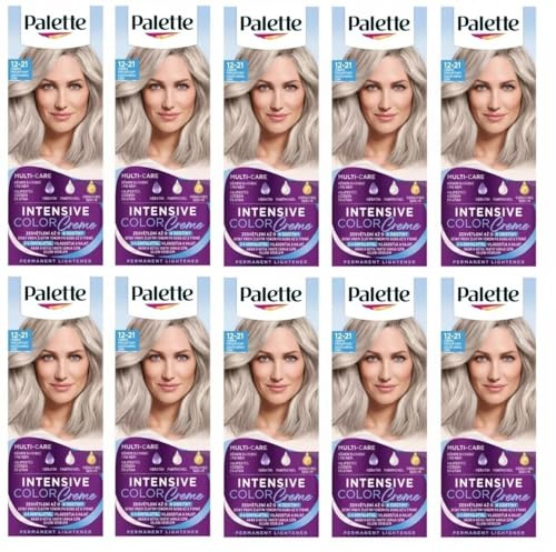 (Pack de 10) Palette Intensive Color Cream 12-21 Silver Ash Blond Hair Color - Caja completa - Con hoja de instrucciones en inglés