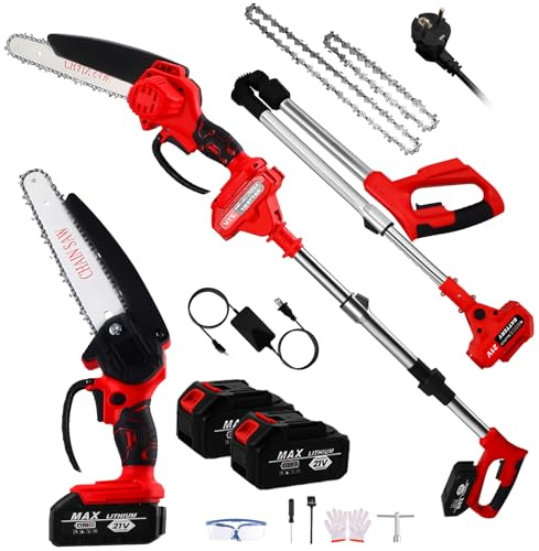 8 Motosega Elettrica a Batteria con 2 * 3000 mAh Batterie, 2 in 1 Potatore Telescopico a Batteria, Motosega a Batteria Per Potatura Alberi Girdini Rami Vigneti Arbusti Con Guanti Occhiali Protettivi
