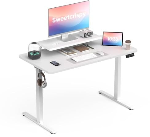 Sweetcrispy Höhenverstellbarer Schreibtisch mit Monitorständer, 120 x 60 cm Schreibtisch Höhenverstellbar Elektrisch, Ergonomischer Steh-Sitz Tisch, Computertisch Standing Desk, Weiß