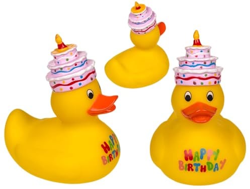 Quietscheente 10 cm – Witzige Badeente in verschiedenen Motiven (Happy Birthday, Fußball, Cowboy, Hochzeit) – Lustiges Geschenk & Deko – Quietschende Gummiente für Kinder & Erwachsene (Happy Birthday)