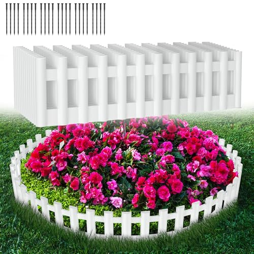 TATIVALO Kunststoff Rasenkante 12 Stück 516cm Weiß, Beeteinfassung mit Holzoptik, Flexible Beetumrandung Gartenpalisade inkl. Erdnägel