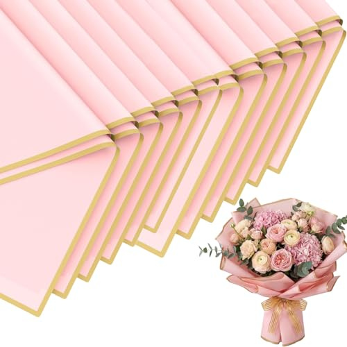 THXFUNAREA 20 Fogli Carta per Fiori Rosa con Bordo Oro 58x58cm Carta per Fioristi Carta Bouquet Fiori Carta Regalo Fiori Festa della Mamma Matrimonio
