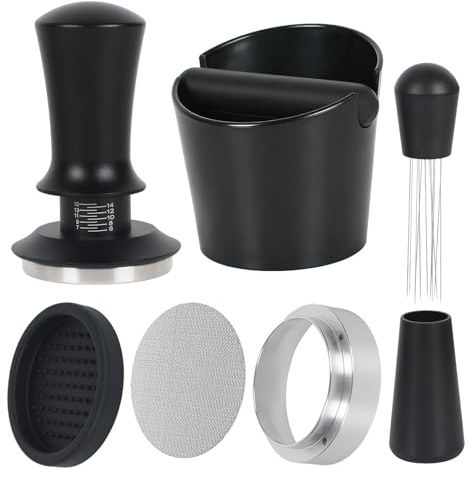 EUNEWR 51mm Coffee Tamper Set, 6PCS Espresso Accessories Kit, Espresso Barista Coffee Machine Accessories Set with Tamper, Coffee Tamping Mat, WDT Distribution Tool, Knock Box, Dosing Funnel and Puck
