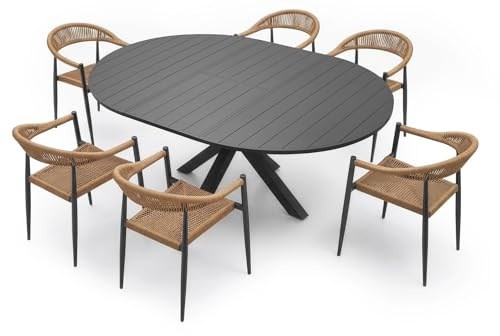 MAT-COMPANY Gartenmöbel-Set 7-teilig ausziehbarer Aluminiumtisch 145-200 cm 6 stapelbare Stühle Aluminium-Rattan Schwarz Dunkelbraun