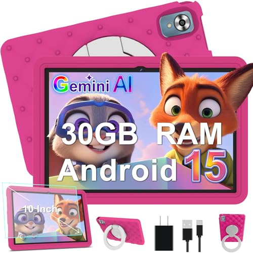 DMOAO Tablet Bambini 10 Pollici Android 15 con 30GB RAM, 5G Wi-Fi 6, 64GB ROM(TF 2TB), Control Parental, Octa-Core, 8MP+5MP, 6000mAh, Custodia Protettiva EVA + Supporto Girevole a 360°,Rosa
