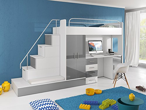 Möebel für Dich Hochbett TOMI - Schreibtisch, Schrank, Treppe und Gästebett mit Hochglanz-Fronten in weiß/schwarz/rosa/grau/lila/blau (grau)
