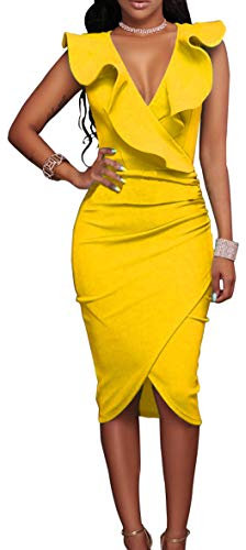 YMING Femme Robe à Volanté Asymétrique Ourlet Col V Robe de Club Robe d'été Robe Moulante Jaune XL/FR 42-44