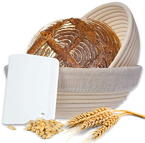 riijk Gärkorb 2er Set + Teigschaber, 2 Gärkörbe für Brot und Brotteig - Peddigrohr (rund, 22 und 25 cm) mit Leineneinsatz, rostfrei geklammert