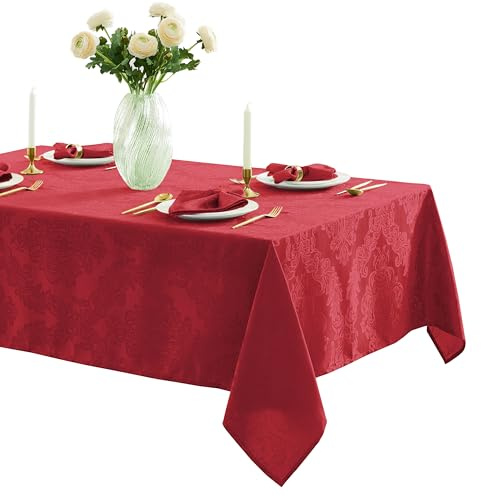 Newbridge Barcelona Damask Fabric Tablecloth, 52 x 70 Inch Rectangle, Red – No Iron, Soil Resistant Table Cover for Dining, Parties and Holidays