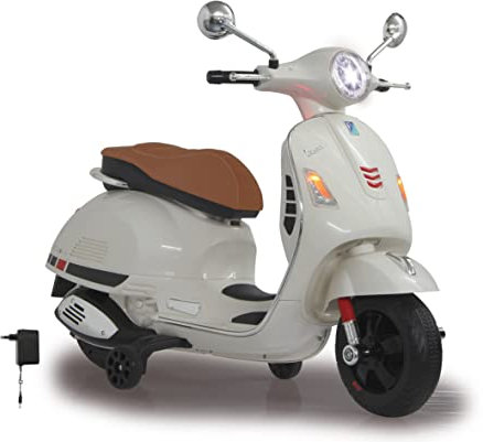JAMARA 460346 - Ride-on Vespa 12V - Leistungsstarker Antriebsmotor und Akku für lange Fahrzeit, SD-Karten Slot, AUX- und USB-Anschluss, Ultra-Grip Gummiring am Rad, Stützräder, LED-Scheinwerfer, weiß