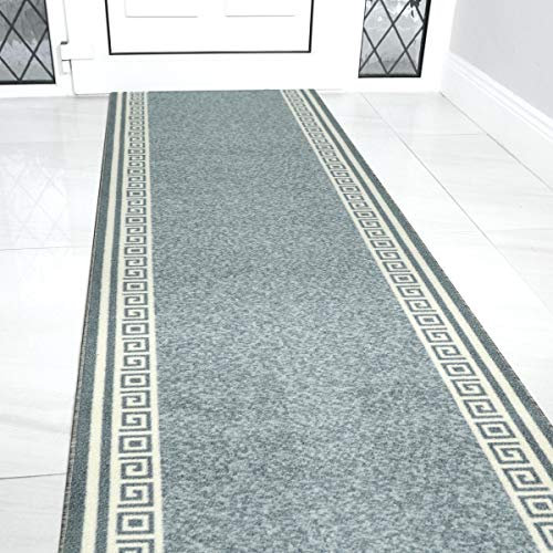 Bravich RugMasters Greek Grey Rubber Backed Non Slip Machine Washable Very Long Hallway Hall Runner Narrow Rugs Custom Length Stair Mats 2'2x15'FT (66x457cm)