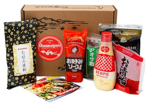 Okonomiyaki Kochset für japanische Pfannkuchen (für 6 Portionen, 6-teiliges Set, inkl. Anleitung), Geschenkidee | Bestehend aus: Okonomiyaki-Ko, Bonito, Ingwer, Aonori, Okonomi Sauce und Mayonnaise