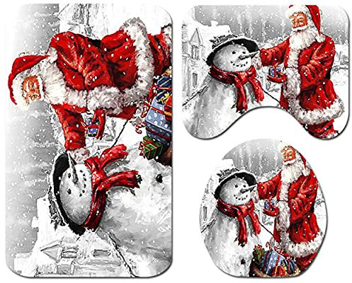 ZESLIV 3Tlg Set Badematte Weihnachten Deko Weihnachtsmann Badvorleger Toilettenmatte Badgarnitur rutschfest Badteppich Badezimmerteppich Deckelbezug WC-Vorleger mit Ausschnitt rutschfest Waschbar