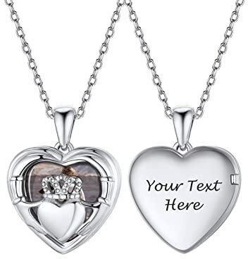 PROSILVER Charms Medaillon Kette für Foto Bilder 925 Silber personalisiert Claddagh Herz Anhänger zum Öffnen mit 46+5cm Rolokette Damen Amulett Schmuck für Geburtstag Valentinstag