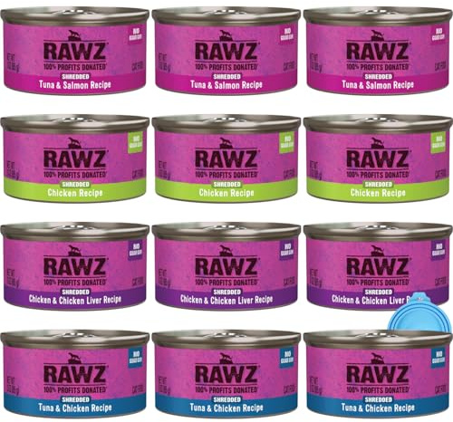 Rawz Natural Premium Lot de 12 boîtes de nourriture humide en conserve pour chat – 4 saveurs avec couvercle Yow Pet – (Tuna et saumon, poulet et foie, thon et poulet, poulet) – (boîtes de 85 g)